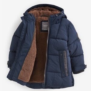 Navy Borg Fleece Lined Shower Resistant Hooded Padded Coat